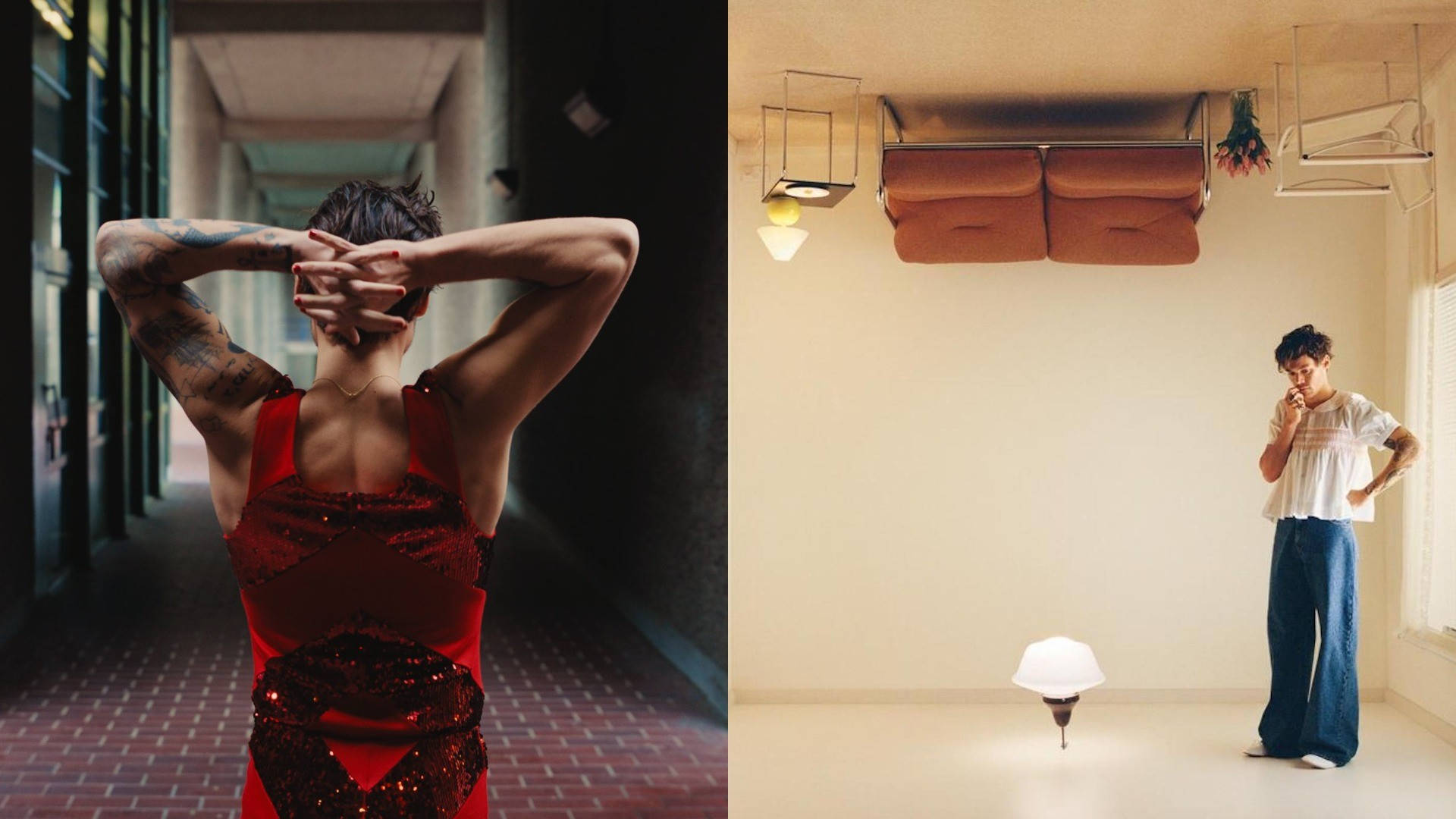 To billeder af en kvinde i et værelse med en lampe. Wallpaper