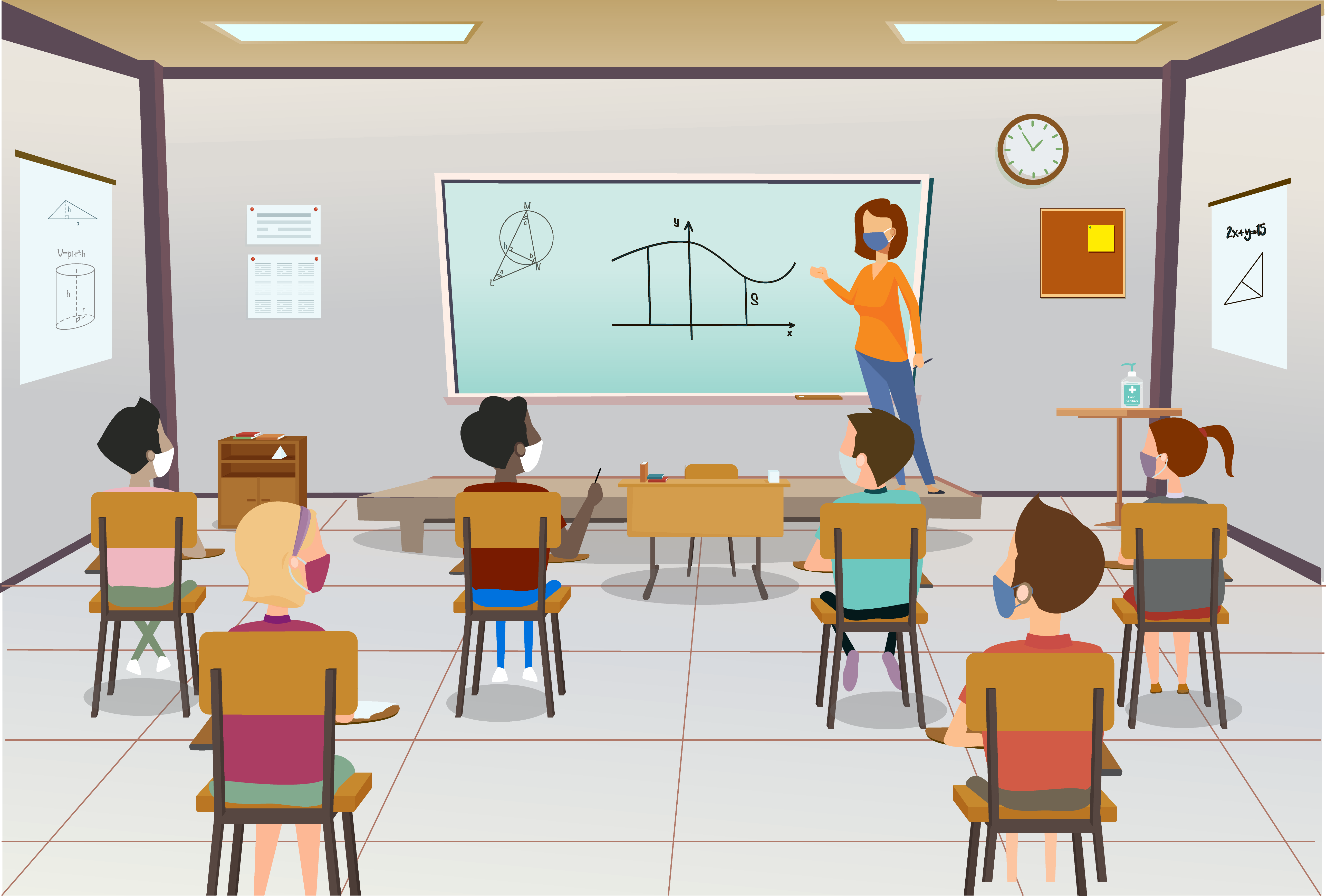 Antecedentesdel Profesor Fondos — Un profesor con camisa naranja señala un gráfico en una pizarra blanca mientras estudiantes con mascarillas se sientan en pupitres en un aula.
