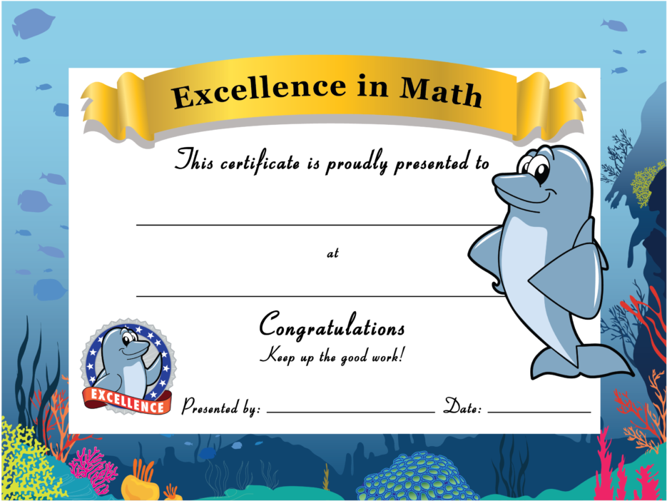 Math Excellence Certificate Dolphin Theme PNG