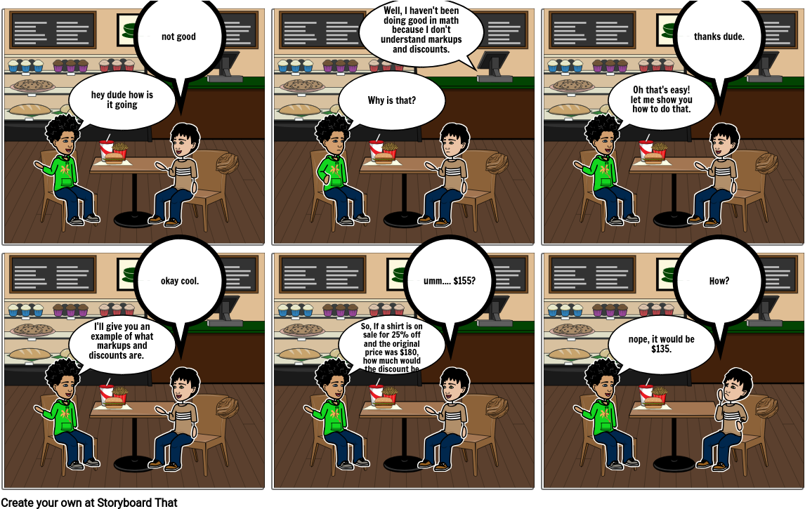 Math Tutorial Comic Strip PNG — Two cartoon boys sit at a diner table discussing math markups and discounts with speech bubbles showing their conversation.