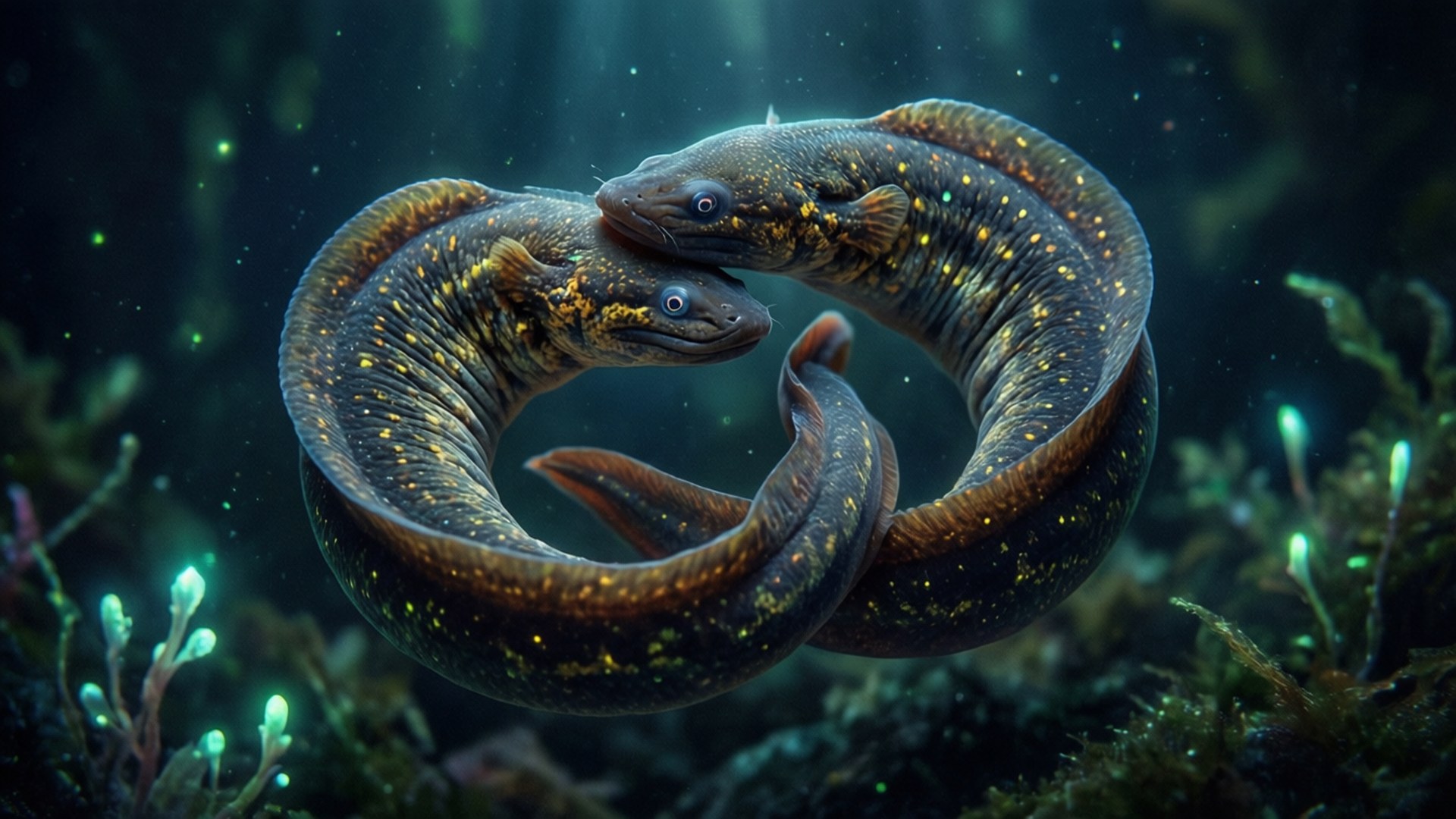 Two eels intertwined in a dark ocean with glowing plants and light rays.