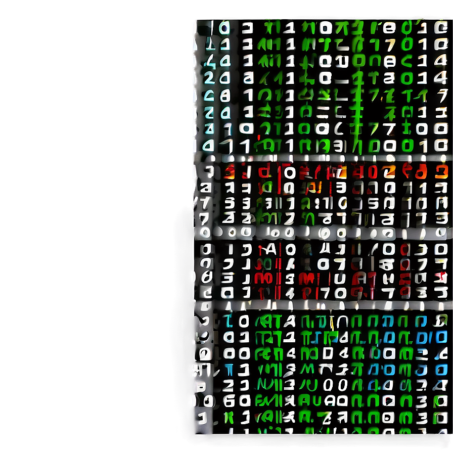 matrix code c PNG — A glowing digital matrix of colorful alphanumeric characters cascading vertically against a dark background.