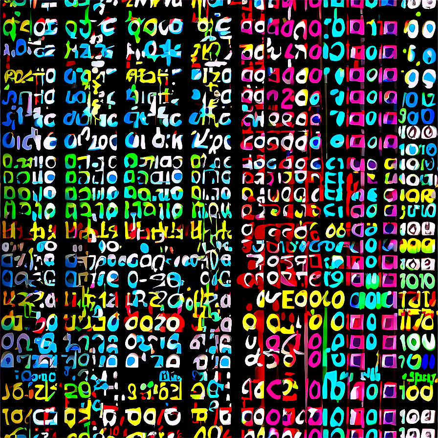 Arte glitch vibrante con testo e simboli colorati distorti che cadono verticalmente su sfondo nero