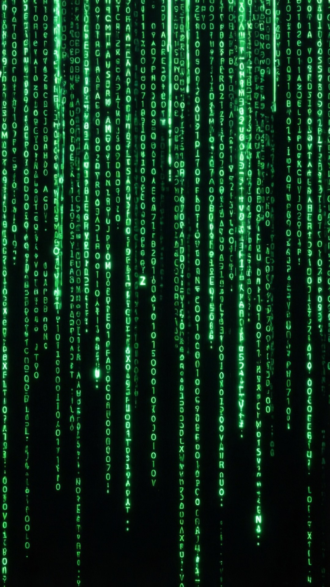 Grüner Matrix-Code-Regen auf Schwarz, perfektes OLED-Demo-Wallpaper.