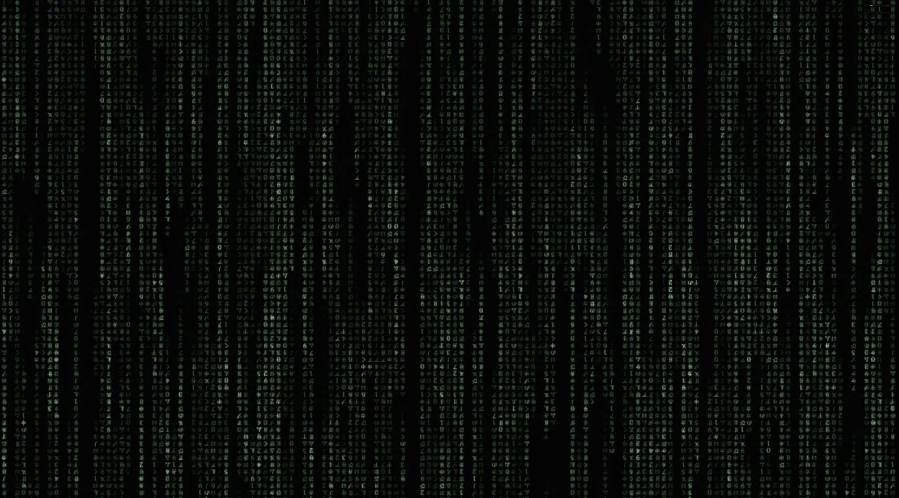 Et sort baggrund med en matrixkode, der kører igennem det. Wallpaper