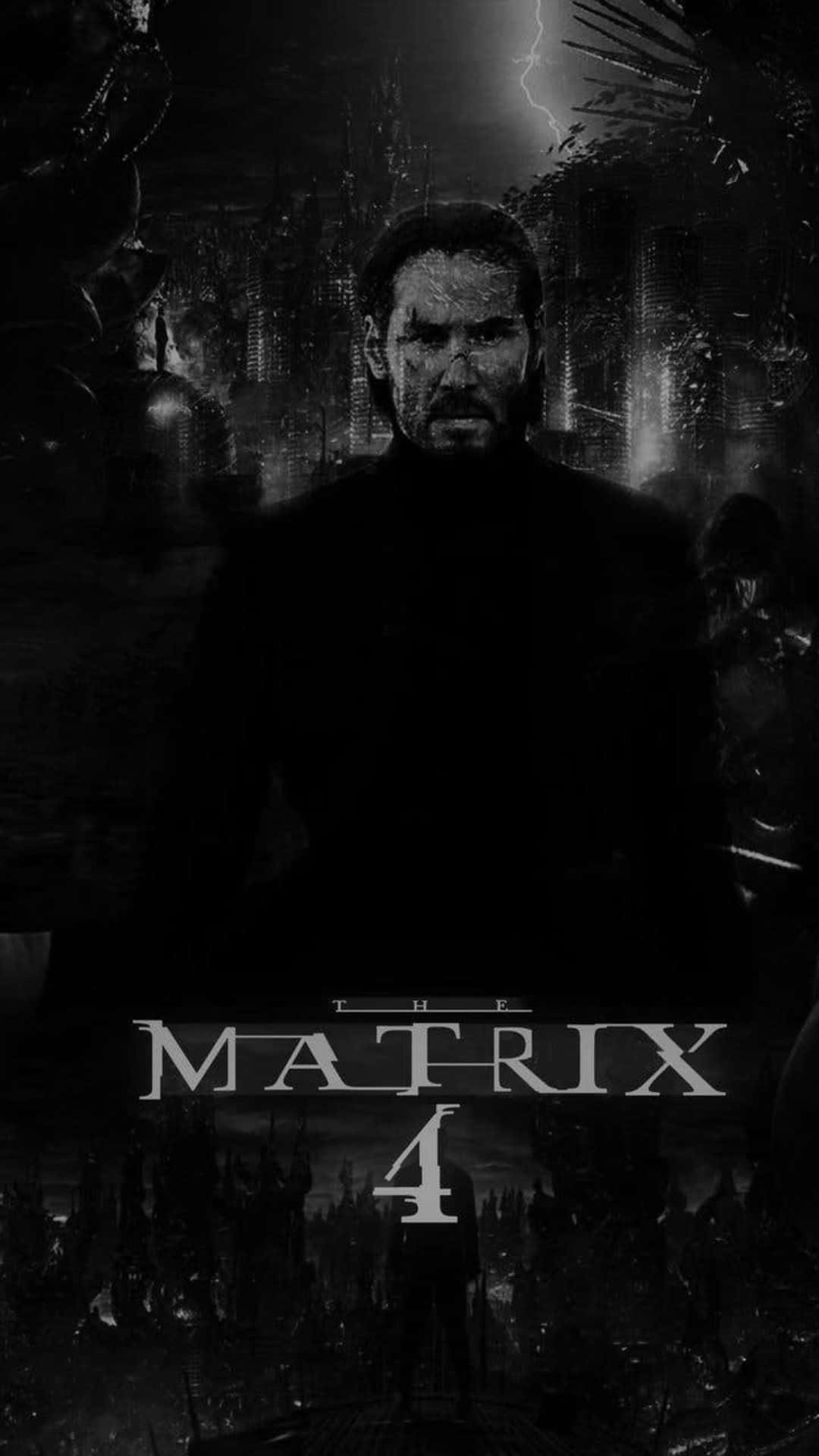 Det Matrix 4-plakat med en mand foran en by Wallpaper