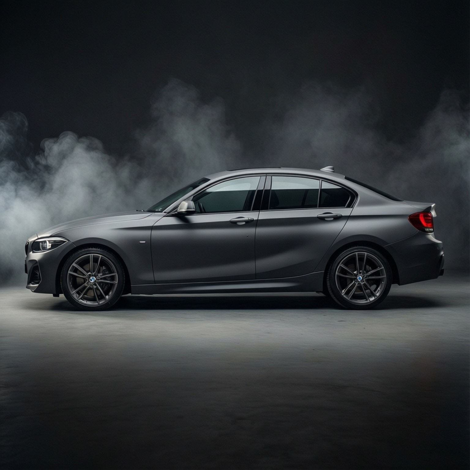 Matte grey BMW 1 Series in a dramatic studio shot.