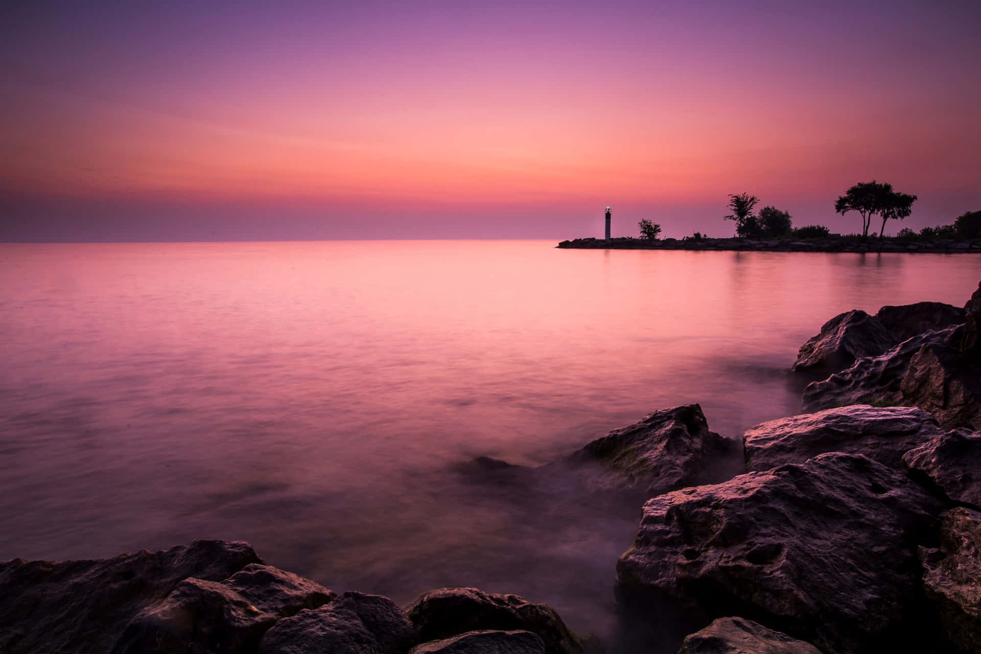 Mauve Sunset Lighthouse Landscape Wallpaper