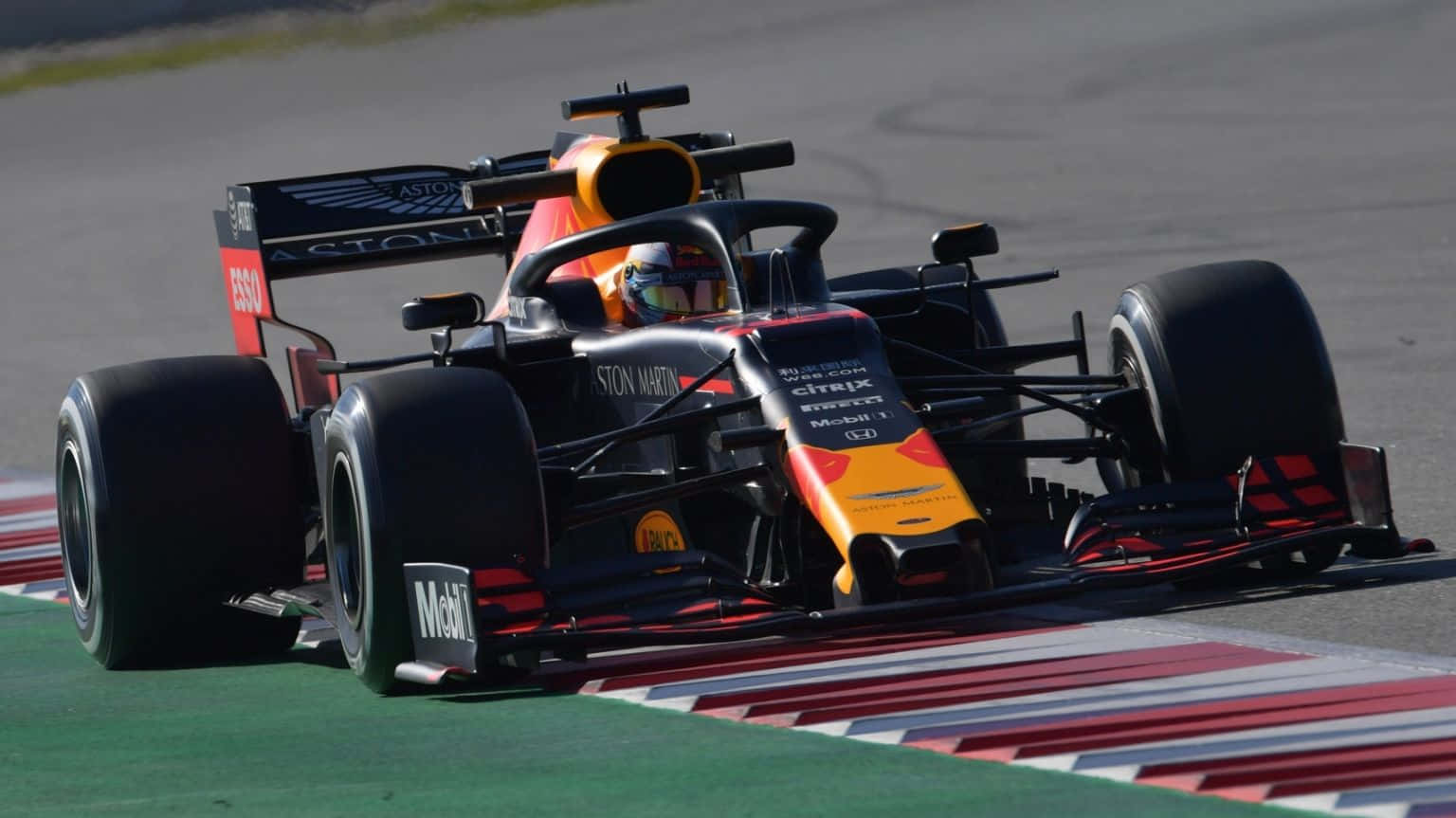 Max Verstappen racing in his Red Bull car during a Formula 1 event