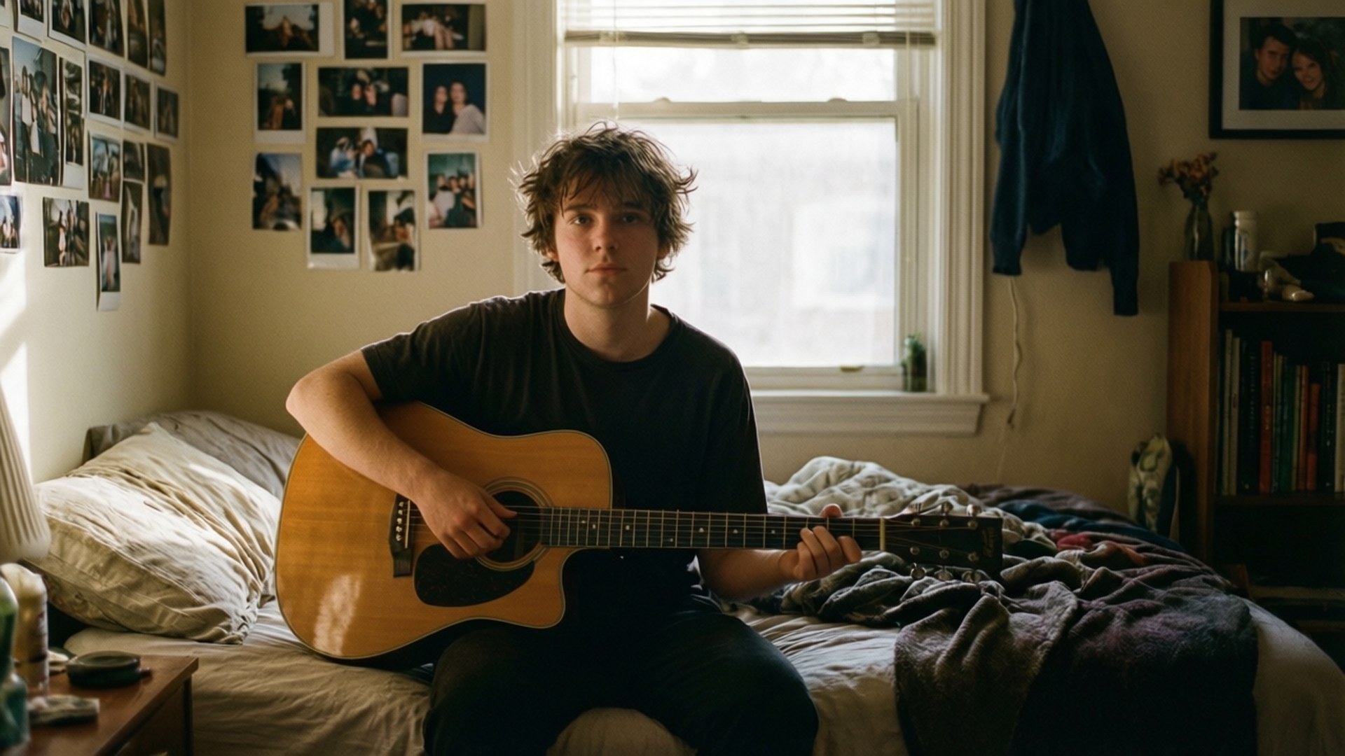 Max's Bedroom Wallpaper — A young man with tousled hair sits on a bed holding an acoustic guitar while sunlight streams through a window behind him.