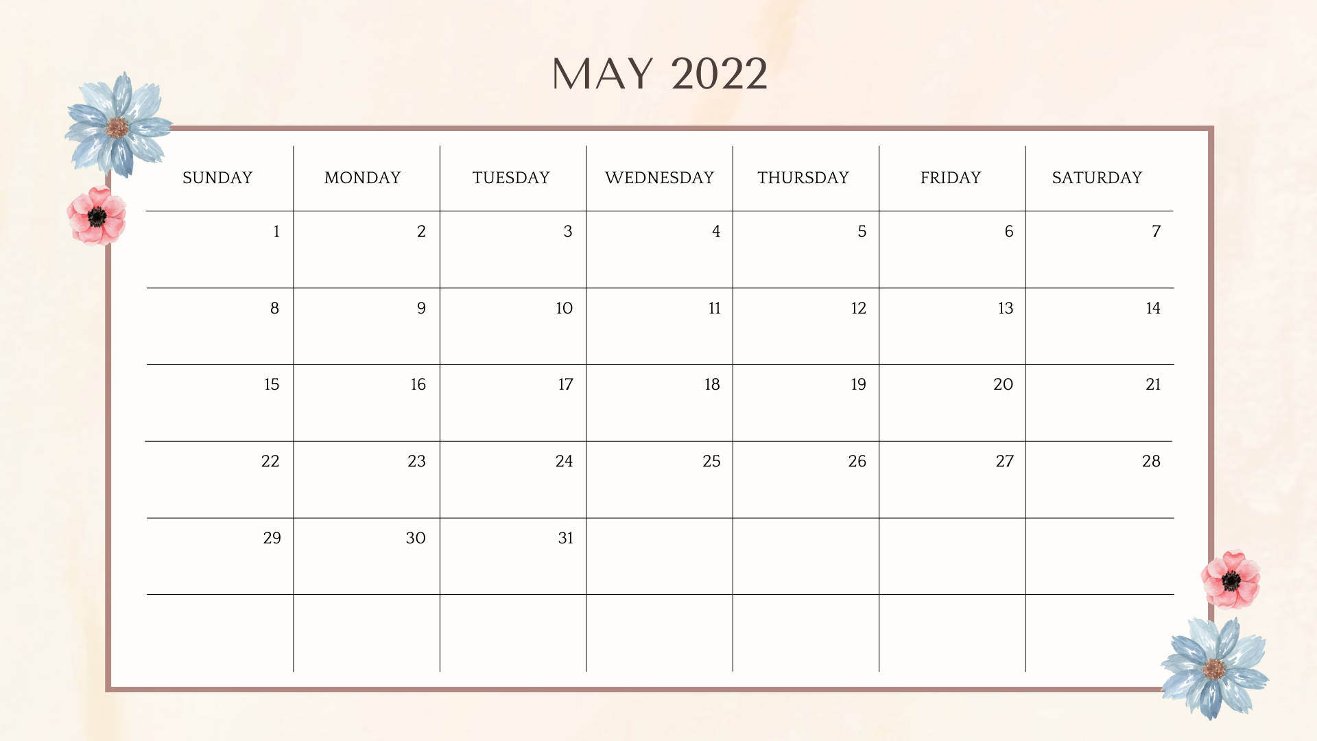 Maj 2022 Kalender 1920 X 1080 Wallpaper