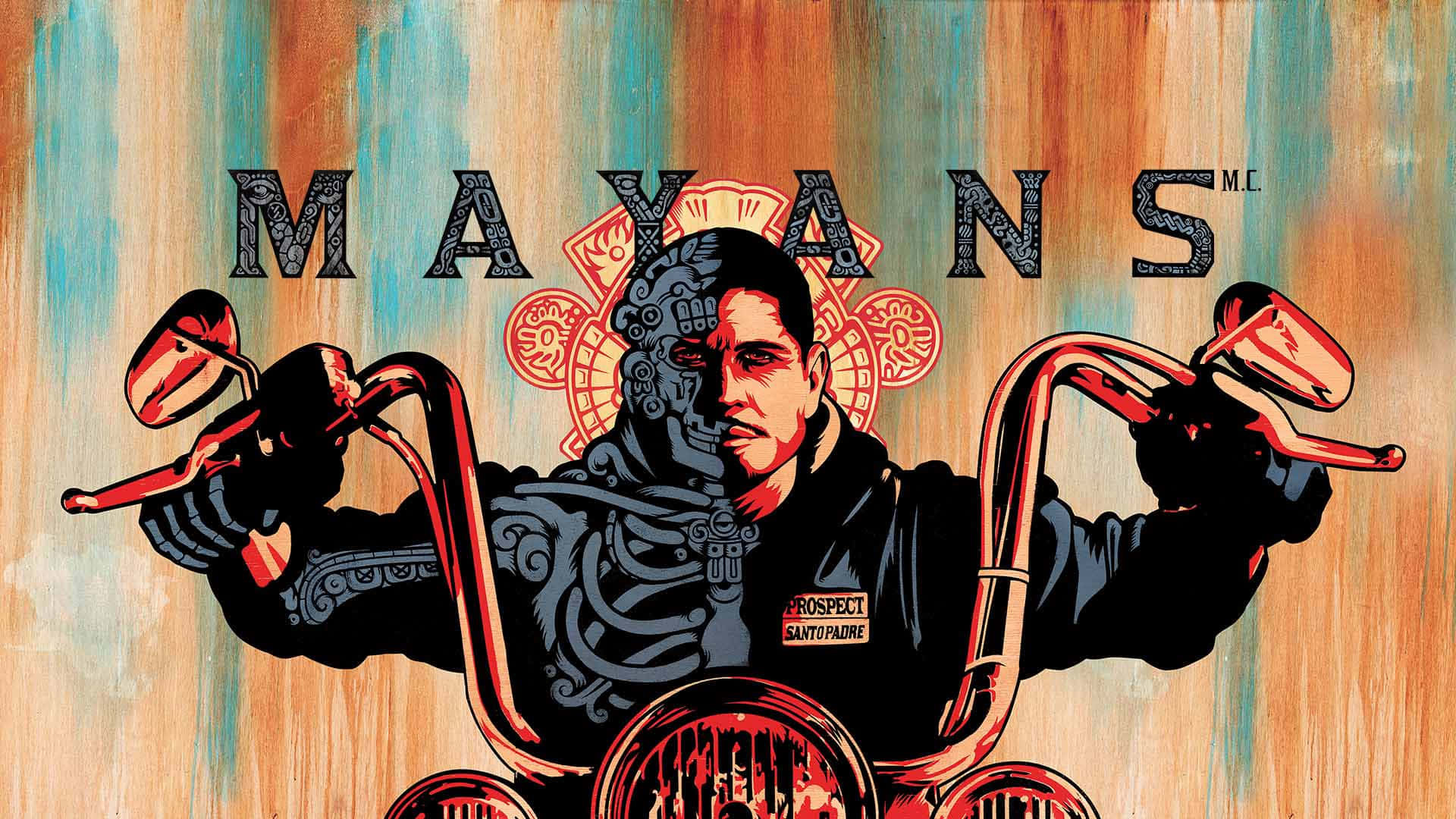 A Poster For Mayans With A Man Riding A Motorcycle Wallpaper
