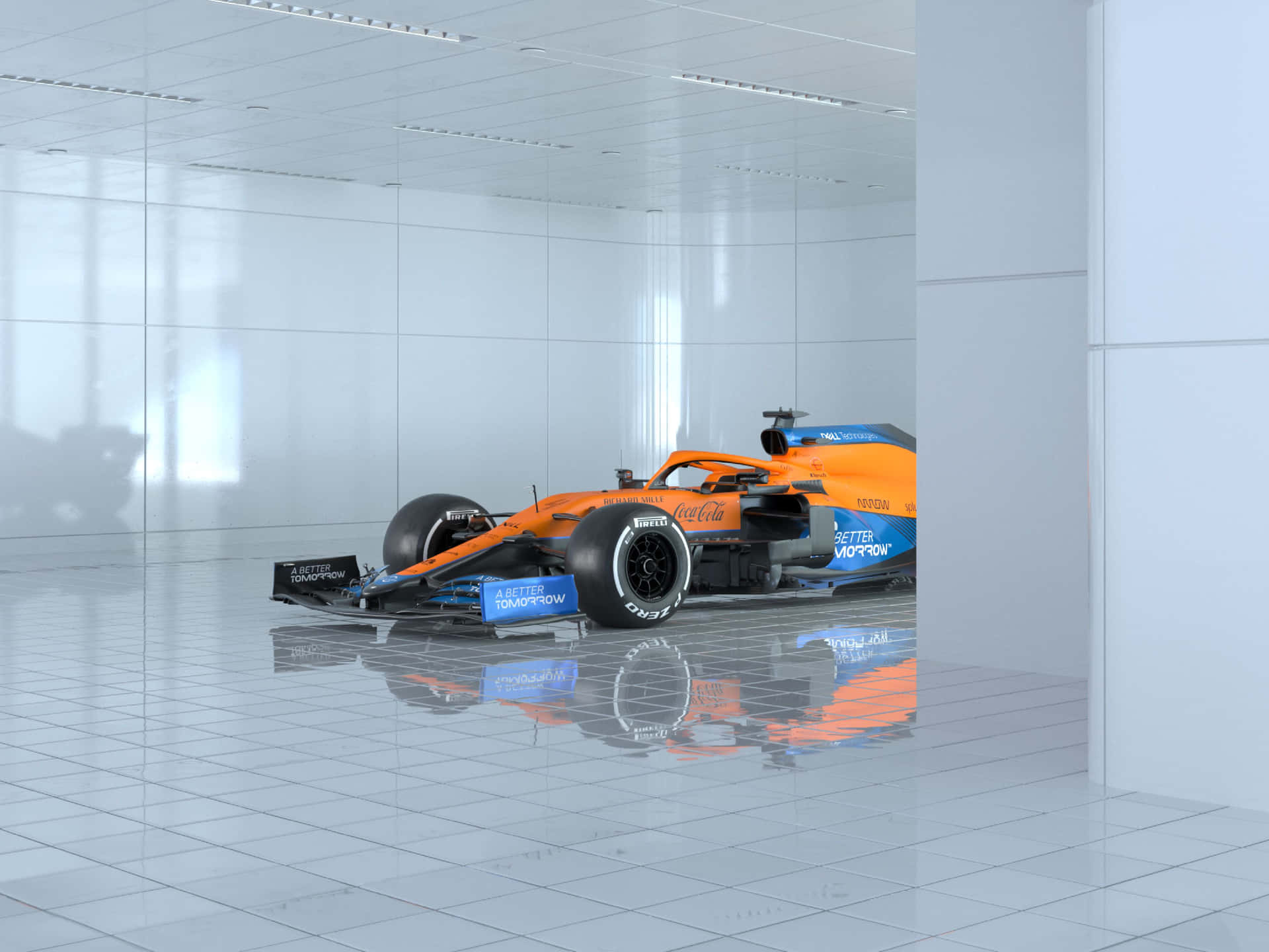 A Blue And Orange Racing Car Is Sitting In A Room Wallpaper