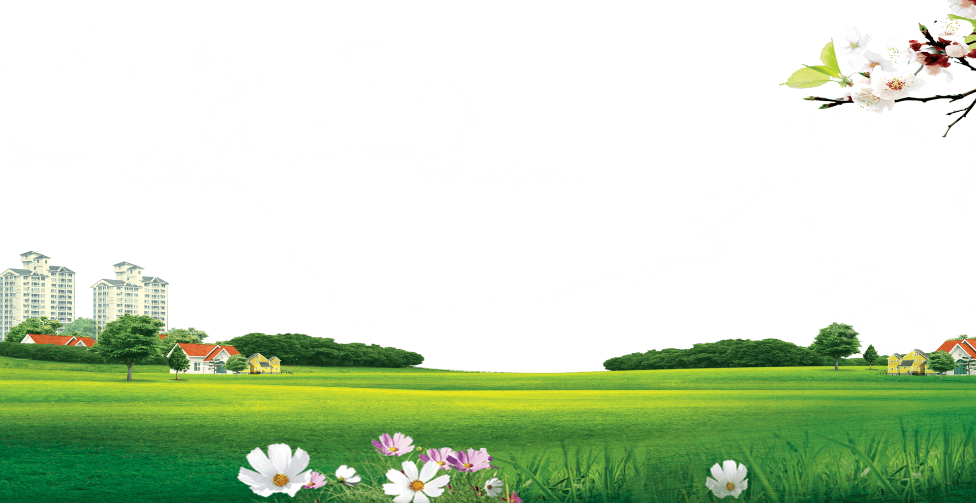 Meadow Landscape With Flowers And Buildings PNG