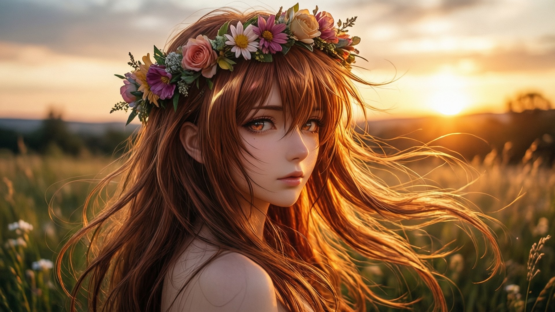 Nene with flower crown, sunset meadow, wind, golden light.