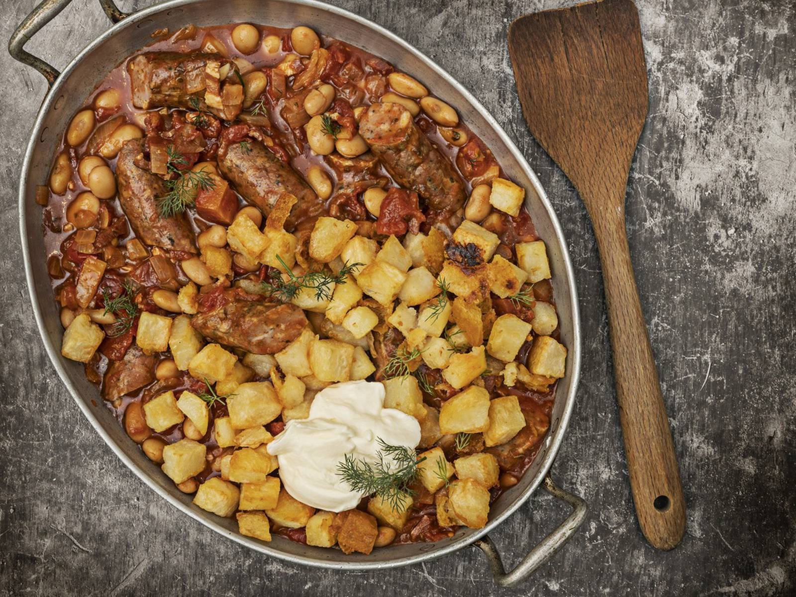 Meat Sausage Cassoulet With Potatoes And Sour Cream Wallpaper