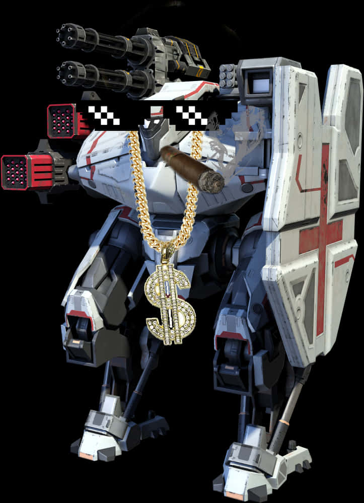 Mech Robot With Gold Chainand Cigar PNG