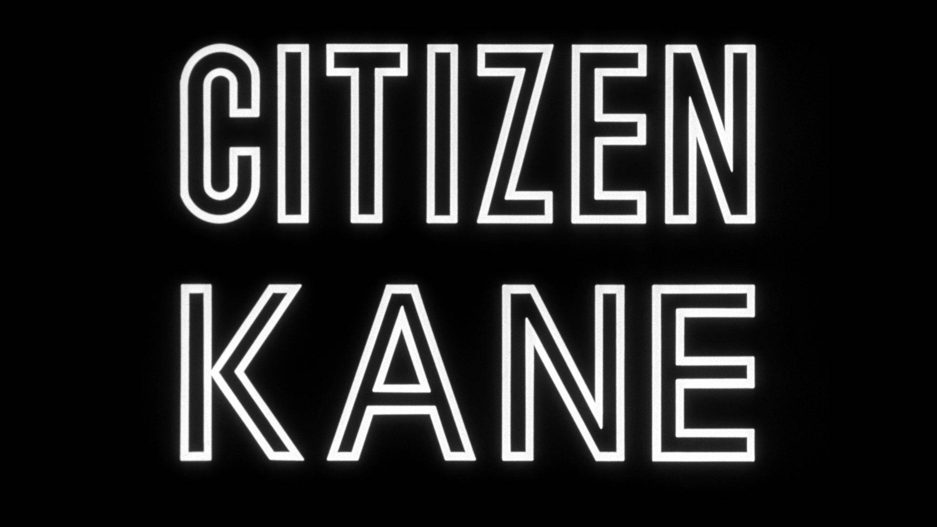 Citizen Kane Title Text Wallpaper — Bold white outlined text reading 'CITIZEN KANE' glows against a solid black background.