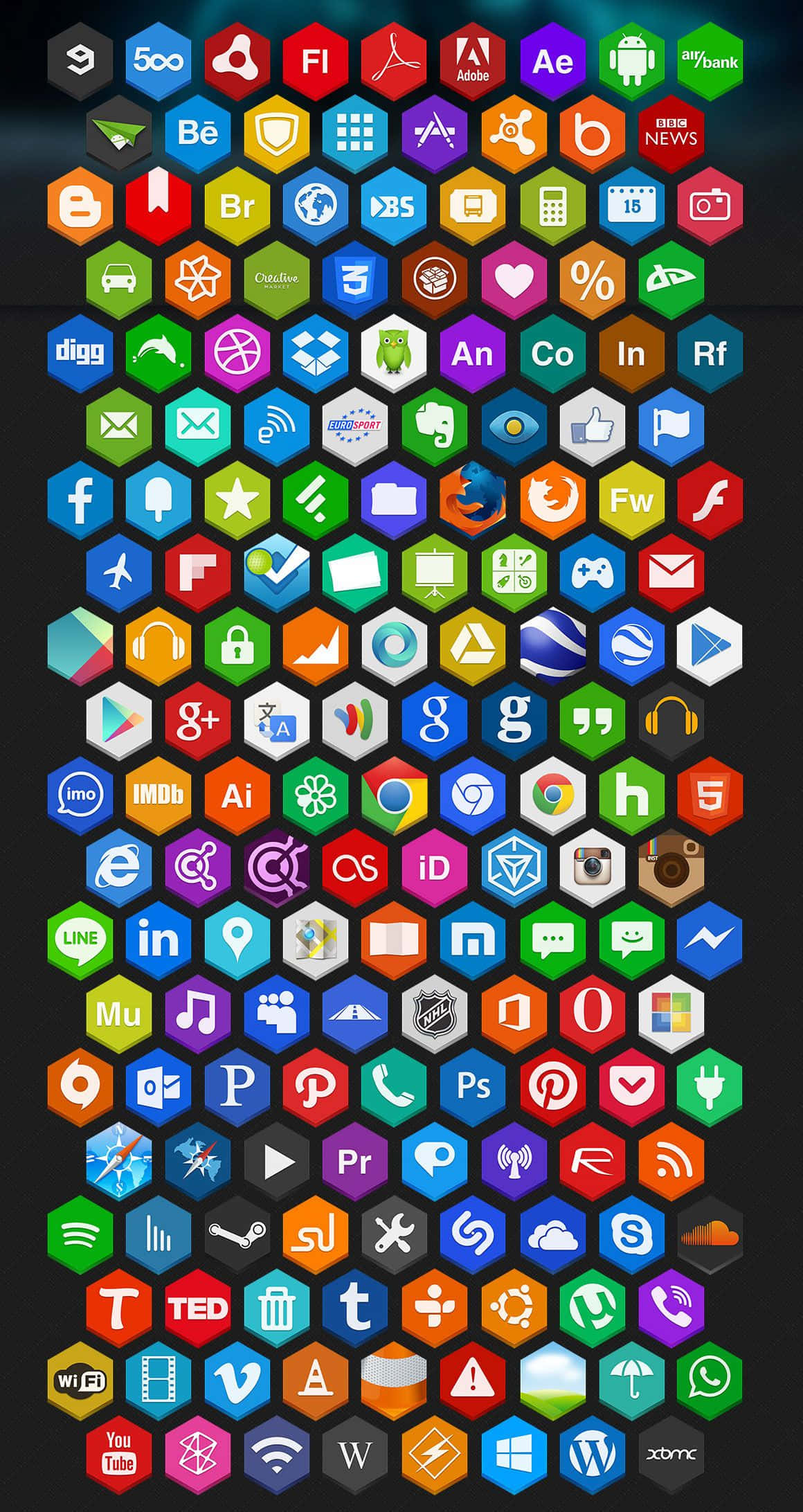 A Large Collection Of Colorful Icons On A Black Background