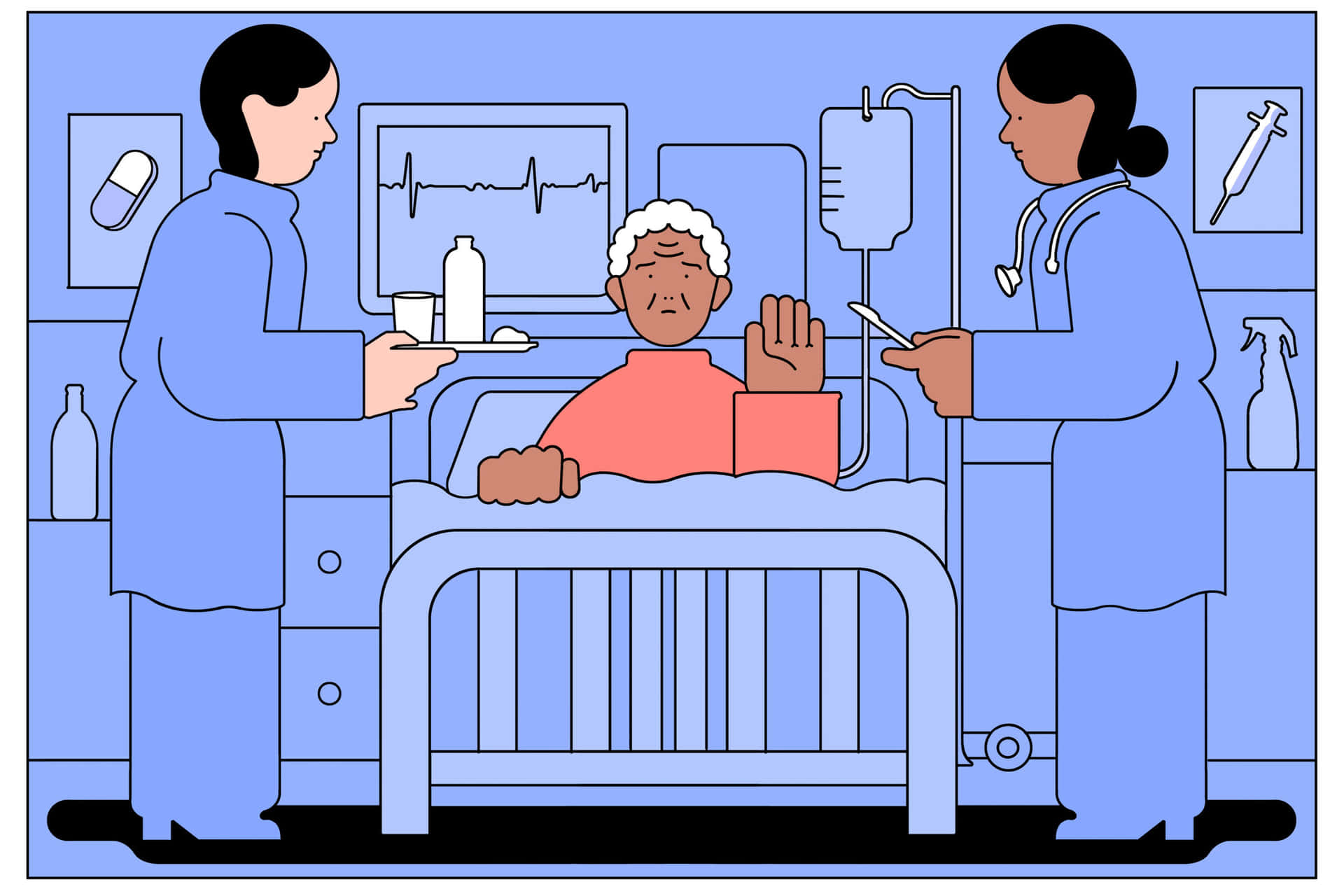 A Nurse Is Talking To An Elderly Patient In A Hospital Bed