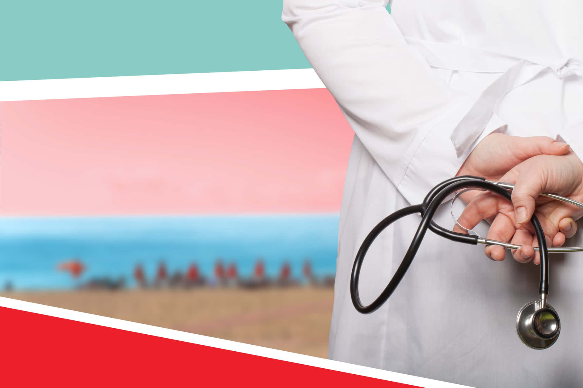 A Woman Holding A Stethoscope In Front Of A Beach