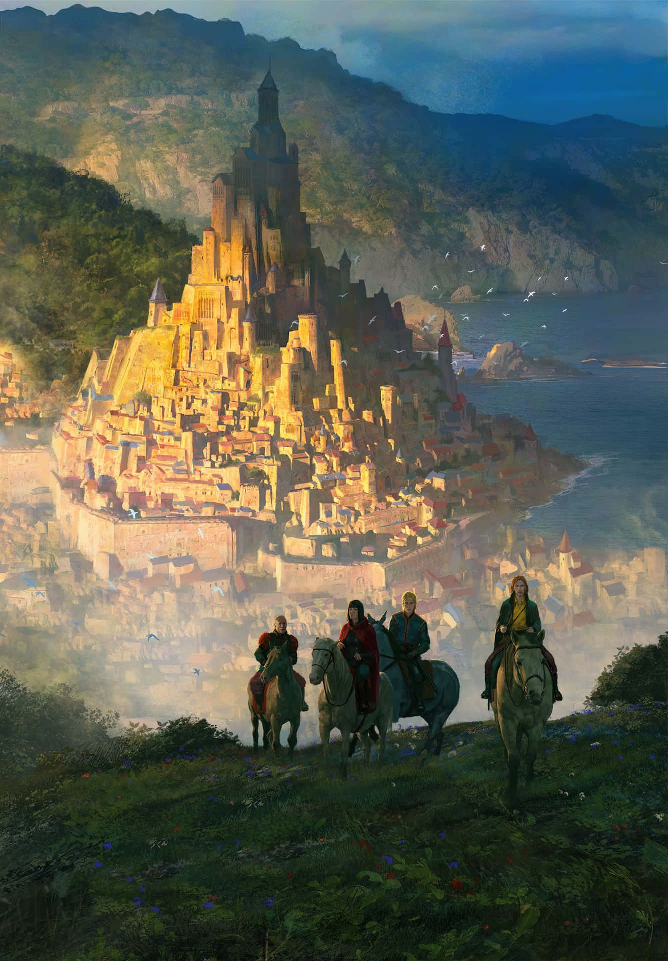 A Painting Of A Castle With People On Horses