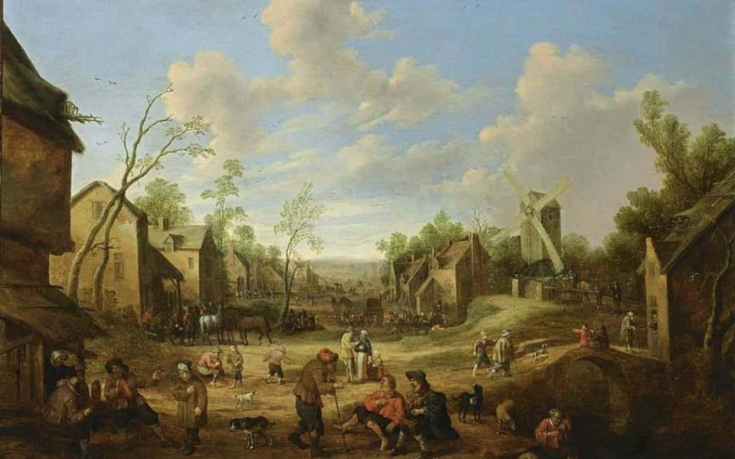 a painting shows people in a village with a windmill