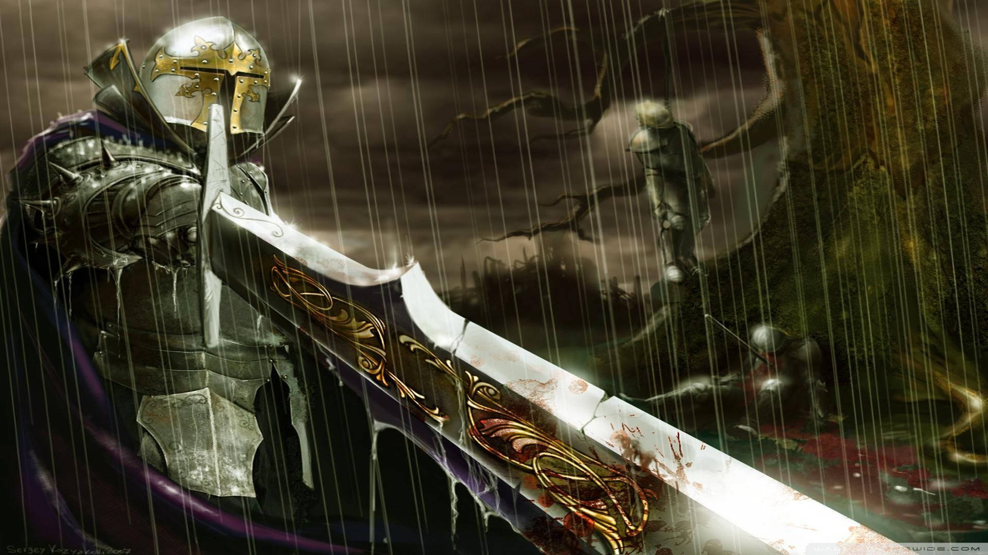Brave knight holds sword in hand, standing before a stormy sky. Wallpaper