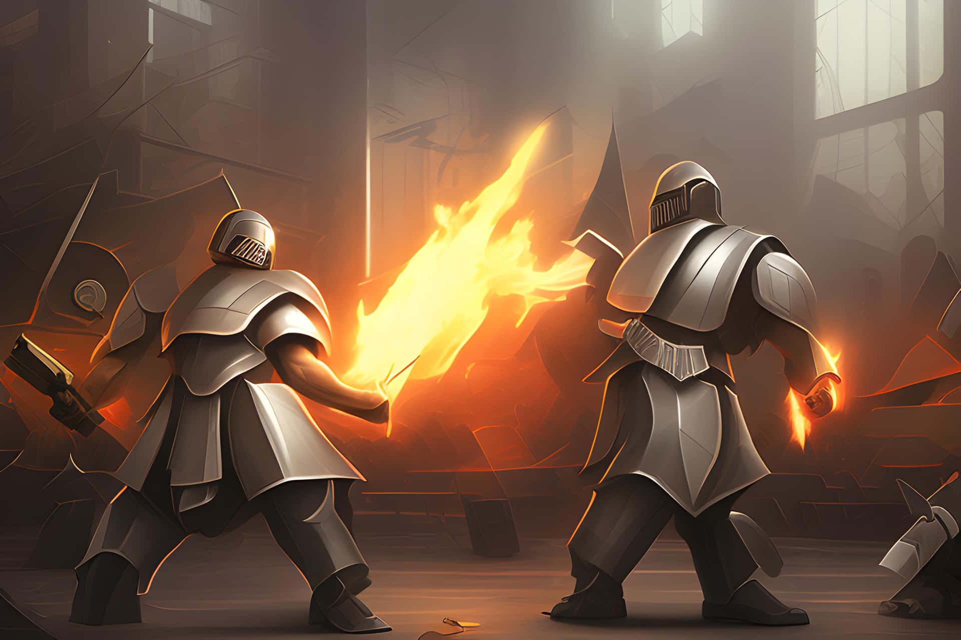 Medieval Knights Facing Fiery Explosion Wallpaper