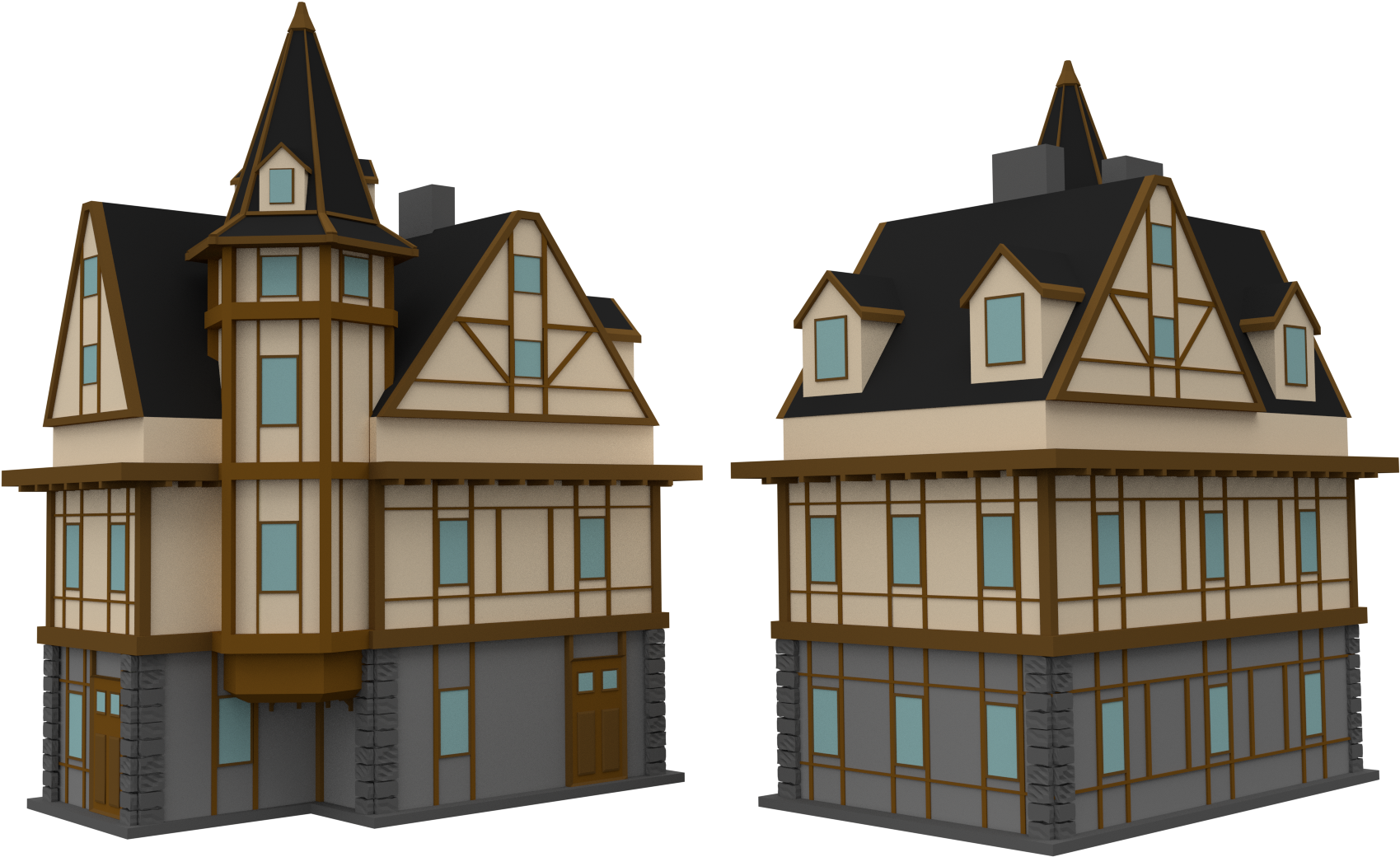 Medieval Tudor Style Houses3 D Model PNG