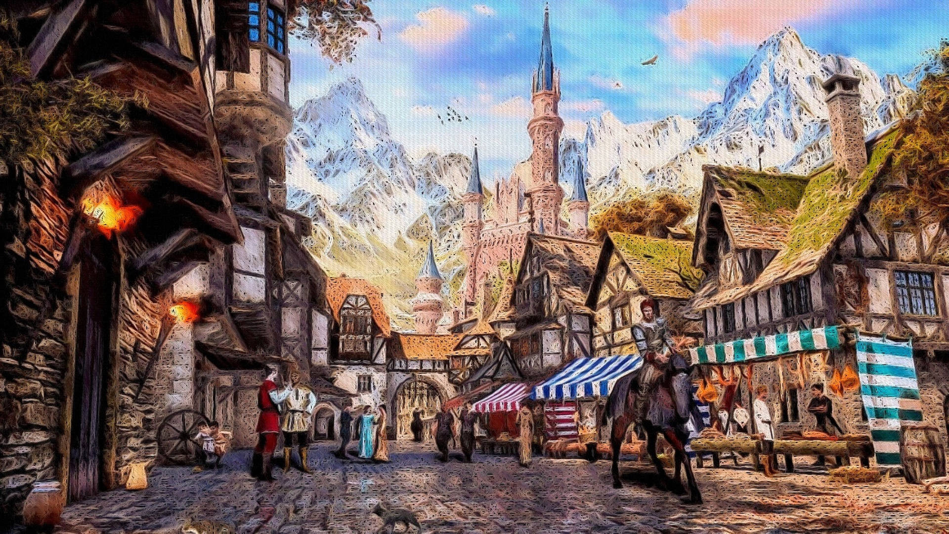 Medieval Village Market Wallpaper