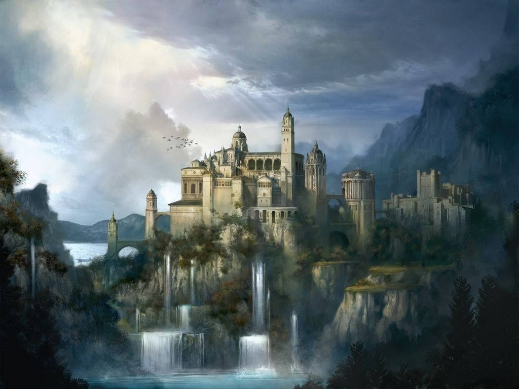 The timeless beauty of a Medieval Waterfall Castle Wallpaper