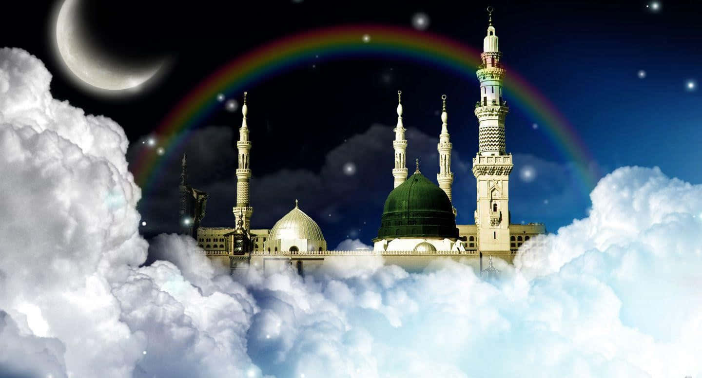 A Mosque Is Shown In The Clouds With A Rainbow