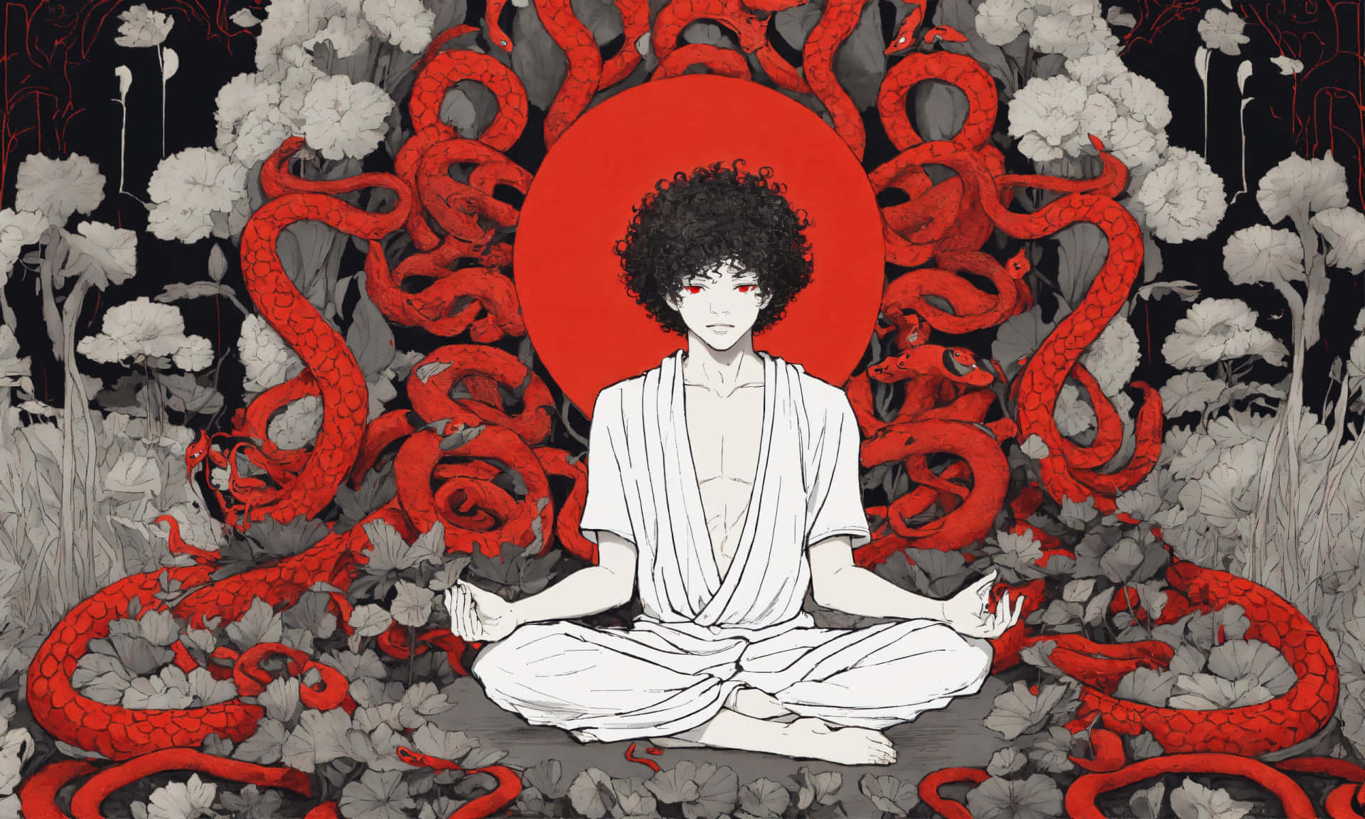 Meditating Boywith Snakesand Red Moon Wallpaper