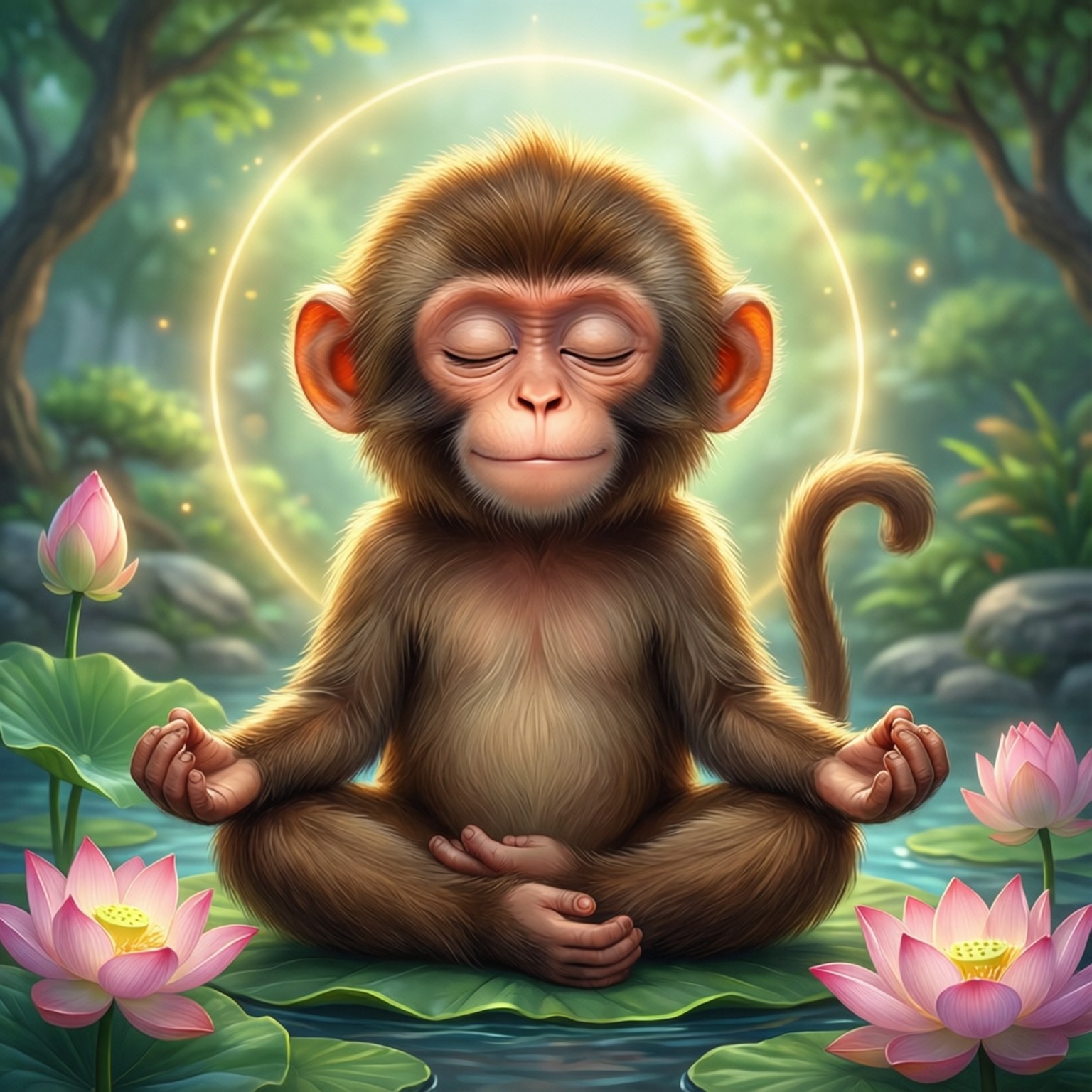 Meditating Monkey Wallpaper — A serene baby monkey meditates cross-legged on a lily pad surrounded by pink lotuses in a glowing forest pond.