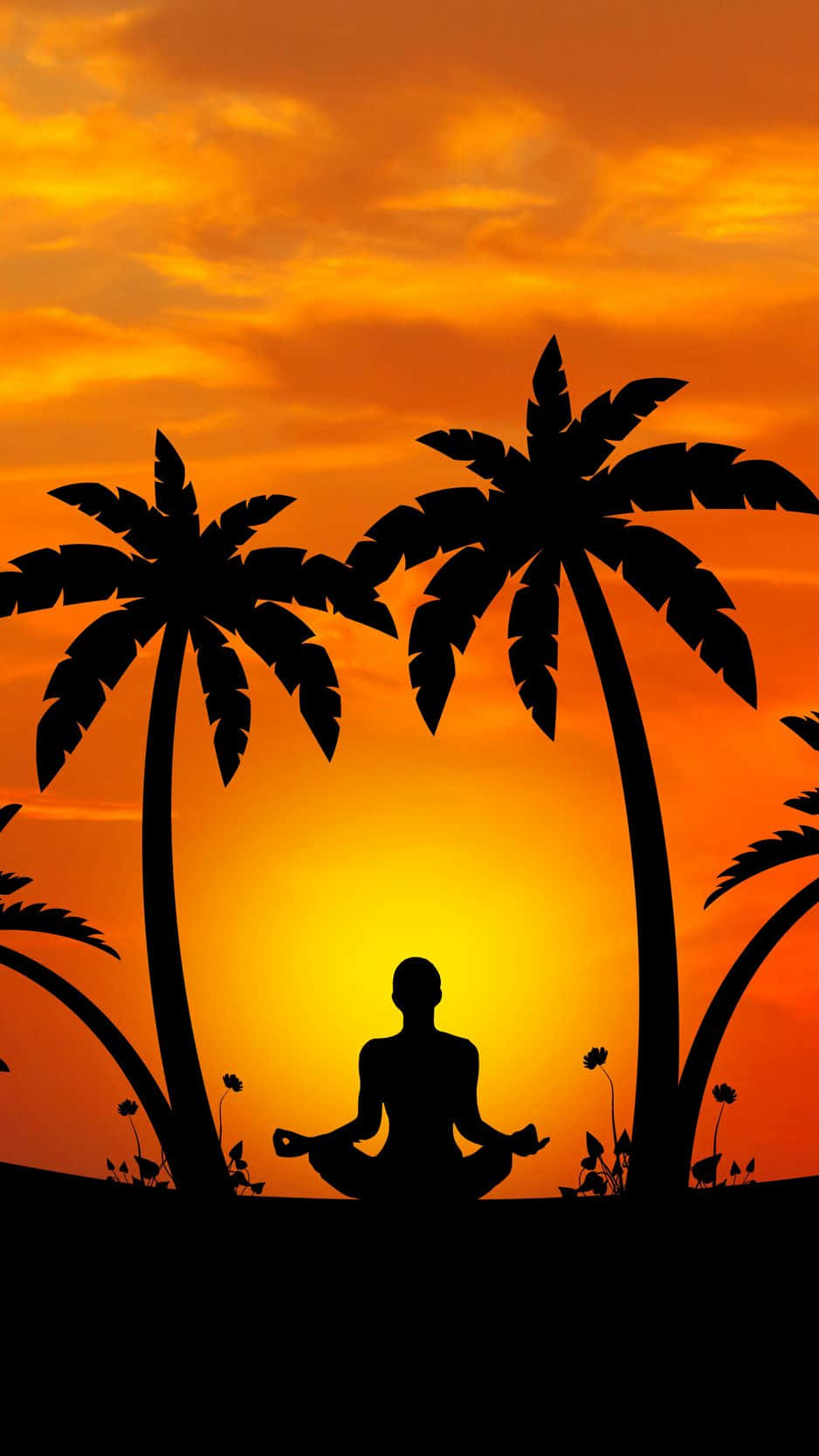 A Man In A Lotus Pose In Front Of Palm Trees