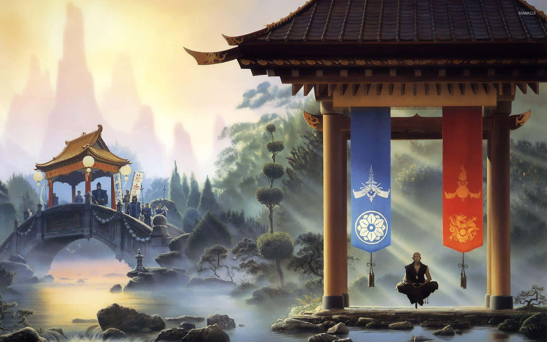 A Painting Of A Chinese Pavilion With A Statue In The Background