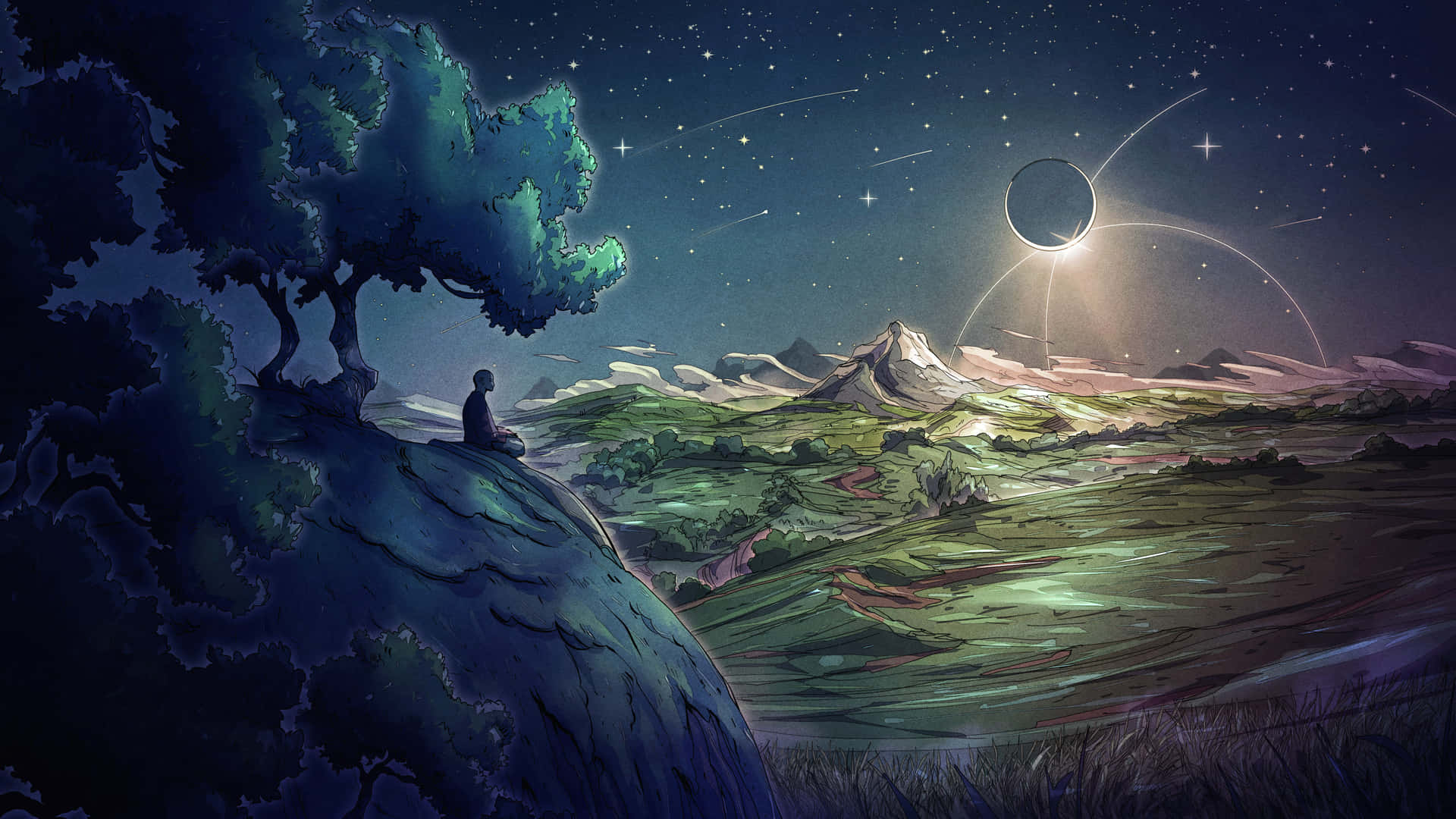 et maleri af et træ og en planet på himlen Wallpaper