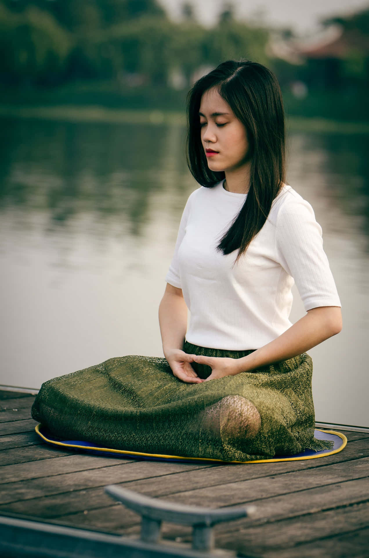 Woman Meditation With Lake Behind Picture