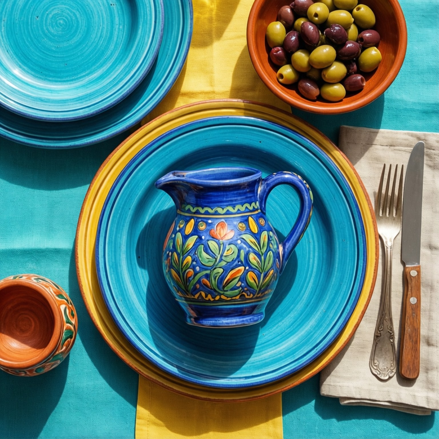 Colorful overhead flat lay of Mediterranean blue ceramic plates and olives.
