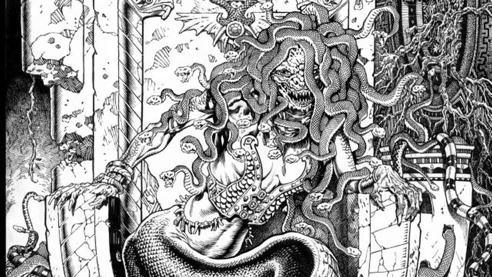 Medusa's Gaze Black And White Illustration Wallpaper