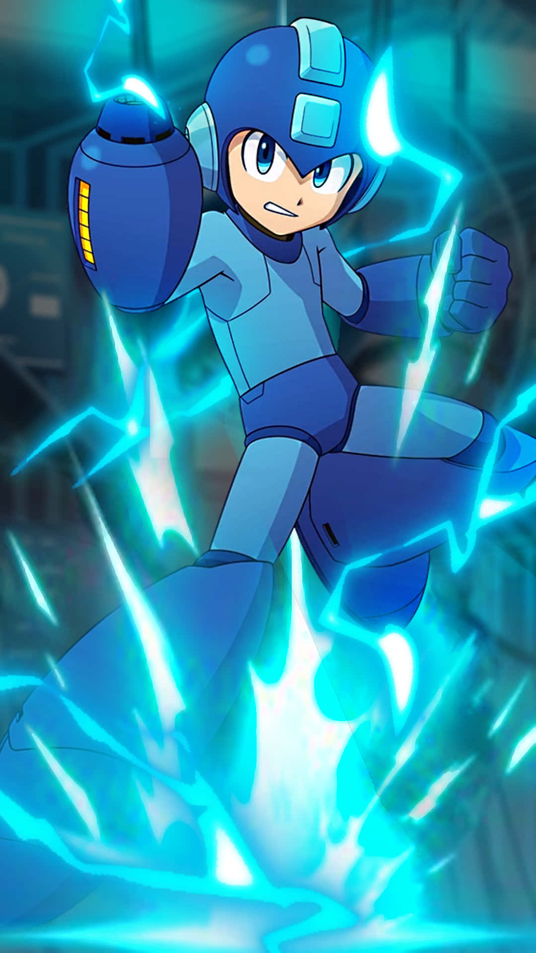 Megaman In Posa Caratteristica Con Scintille Blu Sfondo