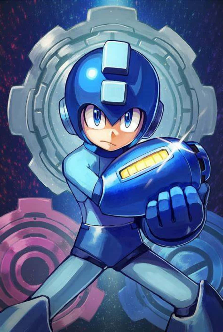 Mega Man Holding His Mega Buster Gears Art Wallpaper