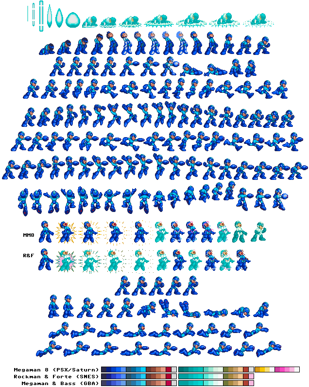 Mega Man Sprite Sheet Compilation PNG — Sprite sheet of blue armored Mega Man in various running jumping and shooting poses against bright green background.