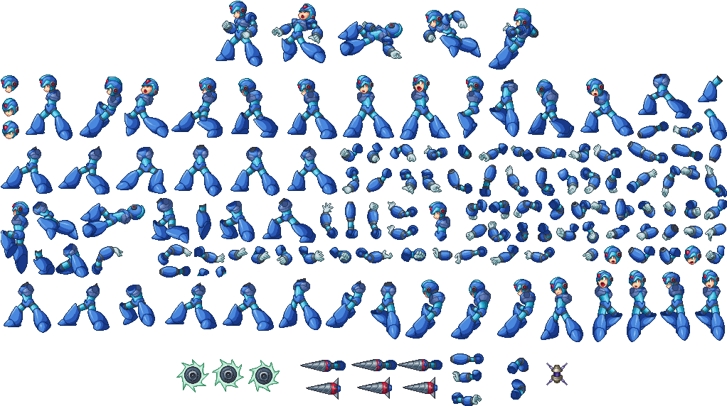 Mega Man Sprite Sheet PNG — A grid of blue armored robot sprites in various action poses and attack animations against a black background.