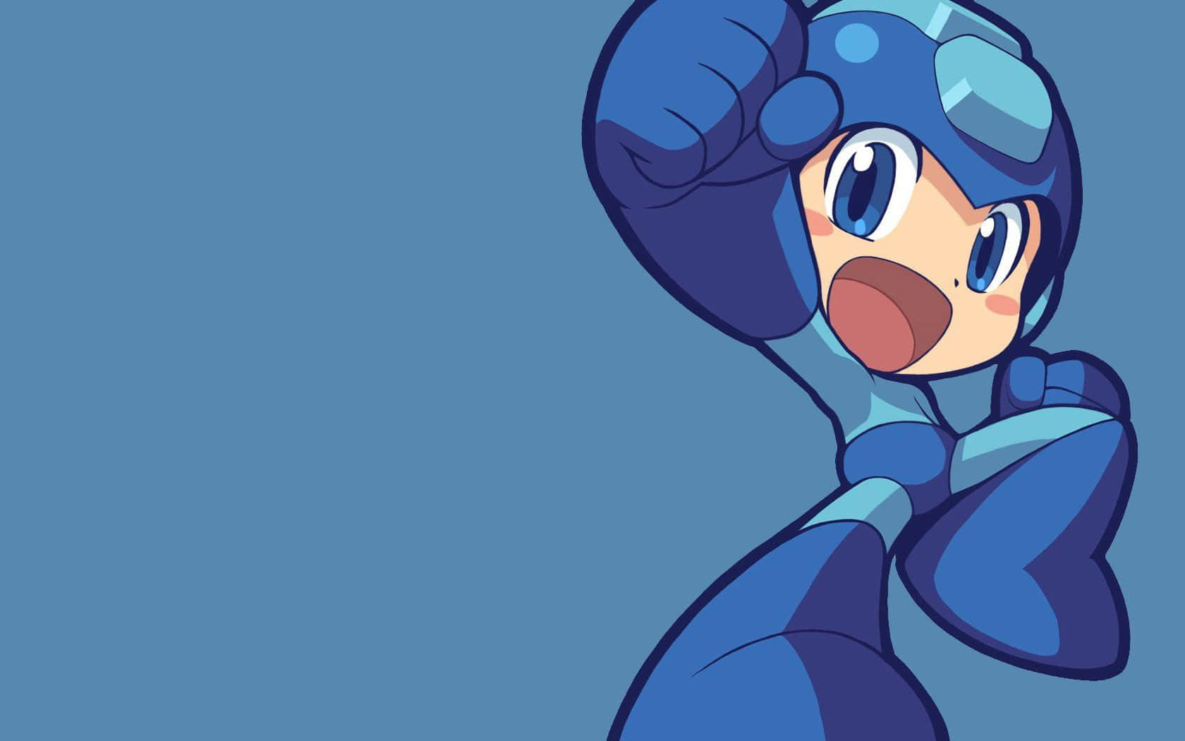 Chibi Mega Man smiler og pumper sin næve. Wallpaper