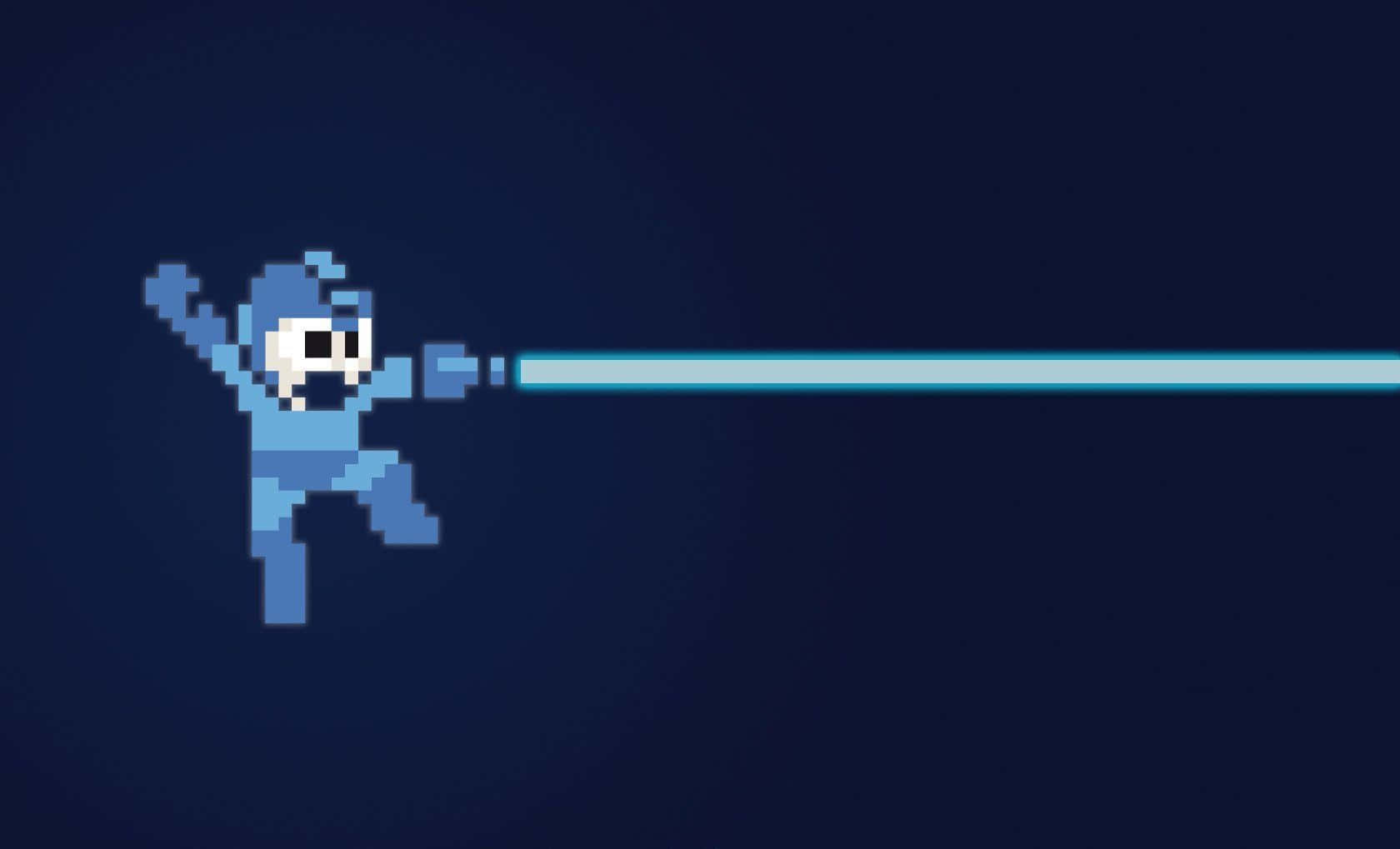 En blå pixelmand flyver med et sværd i hånden Wallpaper