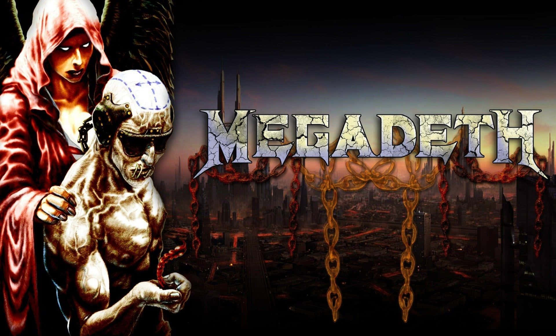Megadeth Vic Rattleheadand Dystopian Backdrop Wallpaper