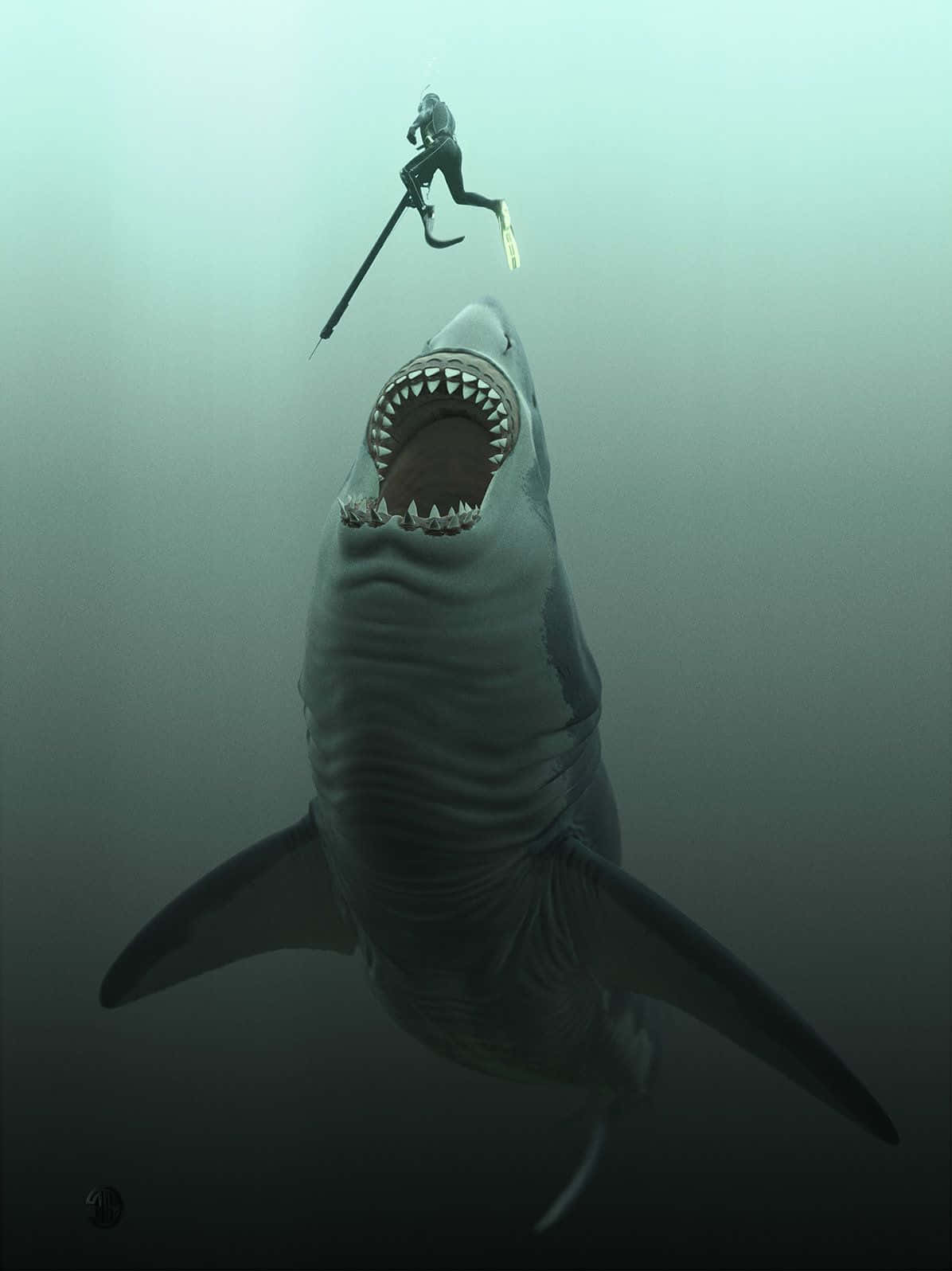Megalodon Chasing Diver Gray Aesthetic Picture
