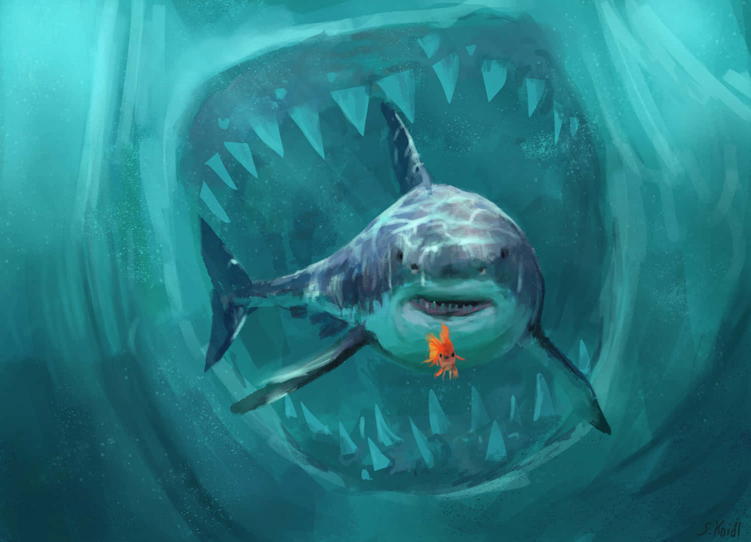 Megalodon Chasing Goldfish And Chased By Creature Picture